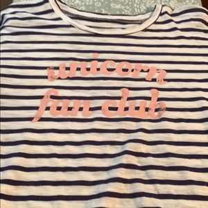 Girls navy and white striped Unicorn shirt
